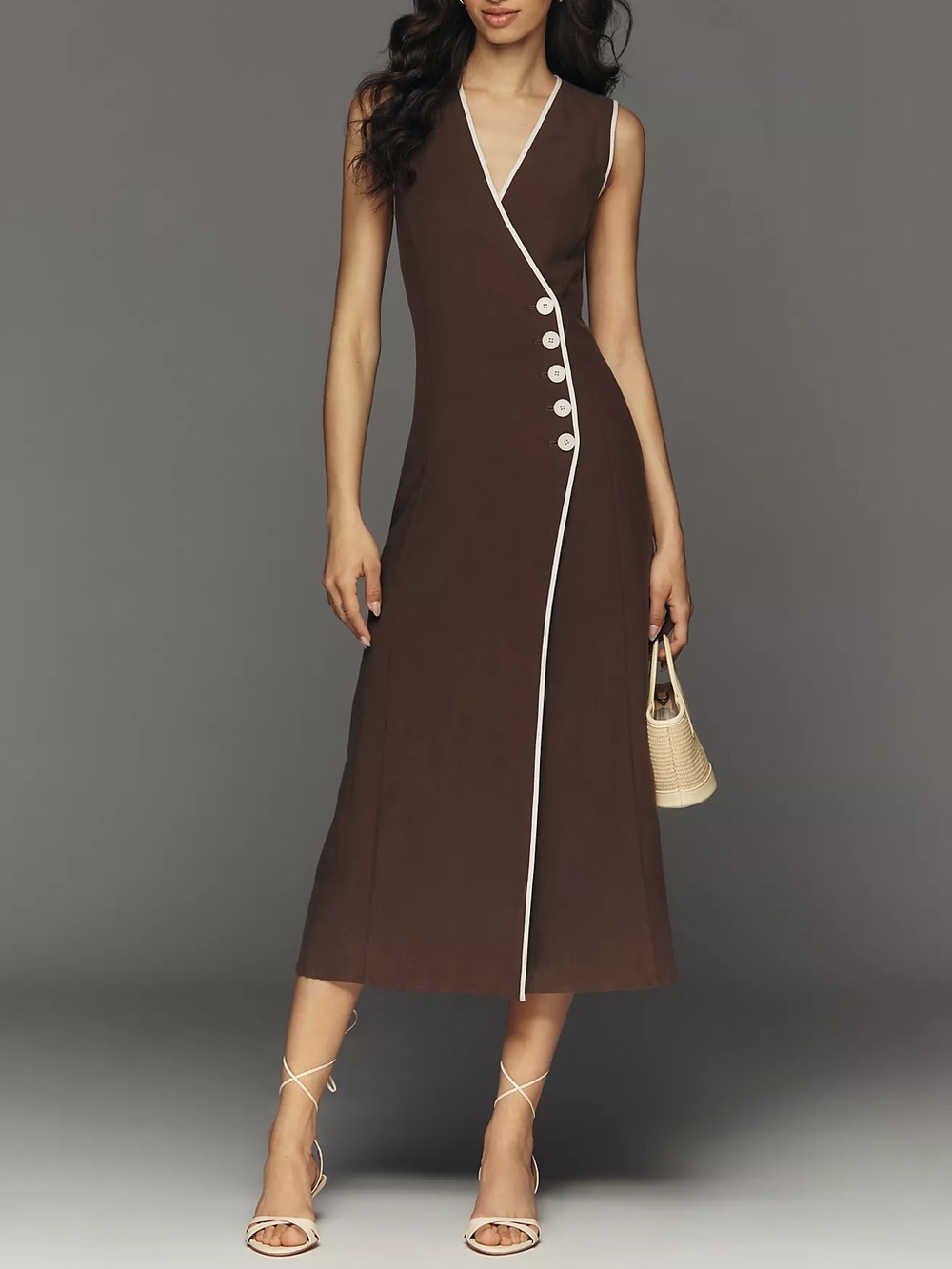 NWT Anthropologie Mare Mare Linen Asymmetric Button Brown Midi Dress